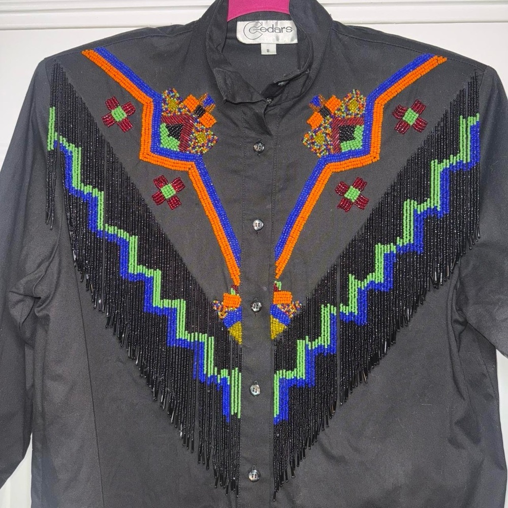 VTG 80’s Cedars Western Aztec Beaded Fringe Mock Neck Black button Down Size 8